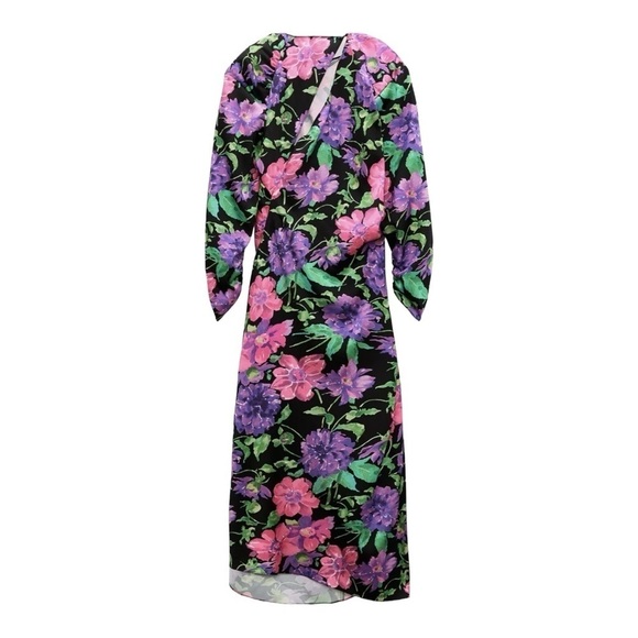 ZARA Black Floral Long Sleeve Ruched High Slit Midi Dress XS Blogger Favorite - Picture 6 of 8